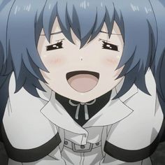 an anime character with blue hair and black eyes is making a funny face at the camera