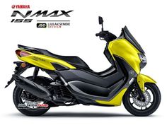 the yellow and black motorcycle is parked in front of a white background with an ad for yamaha