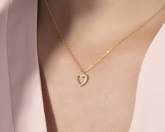 14K Solid Gold Diamond Heart Necklace, Genuine Natural Diamond Heart Necklace, High Quality Diamond Open Heart Necklace, Gift for Mom, Dainty Gold Necklace, Gold Heart Pendant, Necklace for Mom, Gift for Mom FEATURES * Solid Gold (real gold, not gold plated or gold filled material) * Gold Karat: 10K (417) - 14K (585) - 18K (750) (optional) * Pendant Height: 0.33 Inches (0.83 cm) * Pendant Width: 0.39 Inches (0.99 cm) * Available Gold Color: Yellow gold, rose gold and white gold (optional) * Diam Gold Plated Heart Necklace For Valentine's Day, Gold Cubic Zirconia Heart Necklace Fine Jewelry, Yellow Gold Diamond Heart Necklace For Valentine's Day, Yellow Gold Heart Pendant Necklace With Cubic Zirconia, Dainty Brilliant Cut Jewelry For Valentine's Day, Yellow Gold Cubic Zirconia Heart Pendant Necklace, Wedding Yellow Gold Heart Necklace With Cubic Zirconia, Wedding Yellow Gold Cubic Zirconia Heart Necklace, Valentine's Day Yellow Gold Heart Necklace With Brilliant Cut