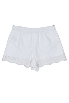 Welcome the warm weather in style with Club Monaco's eyelet trim shorts, featuring a comfortable drawstring, lightweight fabric, and classic style making this perfect for a sunny day. Pair these breezy shorts with a colorful tank top and espadrille sandals, or create a chic beach-ready look with a flowy off-the-shoulder blouse and flip-flops. Size 4 Shell 100% Cotton Lining 100% Cotton Eyelet lace trimming Elastic waistband w/ drawstring Lightweight Waist 30” Total length 13.5” Leg opening circu White Bottoms With Built-in Shorts For Summer Outings, White Crochet Trim Bottoms For Vacation, White Cotton Shorts With Crochet Trim, White Crochet Trim Vacation Bottoms, Summer Shorts With Crochet Trim For Spring, White Bottoms With Crochet Trim For Beach Season, Short Bottoms With Crochet Trim For Beach Season, White Crochet Trim Bottoms For Beach Season, White Casual Bottoms With Crochet Trim