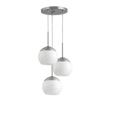 three lights hanging from a ceiling fixture with white glass balls on the top and bottom