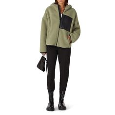 Green faux sherpa (100% Polyester). Jacket. Long sleeves. Center front zipper closure. Pockets. 28" from shoulder to hemline. Imported. Cold Weather Sherpa Outerwear With Zipper Closure, Sherpa Outerwear With Zipper Closure For Cold Weather, Fleece Outerwear With Faux Fur Lining For Fall, Cold Weather Outerwear With Zip Cuffs And Long Sleeves, Long Sleeve Outerwear For Cold Weather With Zip Cuffs, Fall Hooded Fleece Jacket With Zip Fly, Long Sleeve Sherpa Fleece Jacket With Zipper, Hooded Fleece Jacket With Zip Fly For Fall, Fall Outerwear With Zip Cuffs For Cold Weather