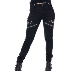 Nwt Vixxsin Riley Gothic Pants Are A Pair Of Super Skinny Cotton Pants. The Alternative Pants Features Silver Cone Studs, Zip Detailing, Zipped Back Pockets And Stitched Seams Down The Legs. Womens Black Goth Pants. Metal Rivet Spikes. Zipper Details On The Sides Of The Legs. W. Pockets And Belt Loops. Zip + Button Closure. Slimming! Made Of Quality Cotton. 95% Cotton 5% Elastane Alternative Pants, Goth Pants, Gothic Pants, Anime Bag, Goth Clothing, Black Goth, Emo Fashion, Goth Outfits, Zipper Detail