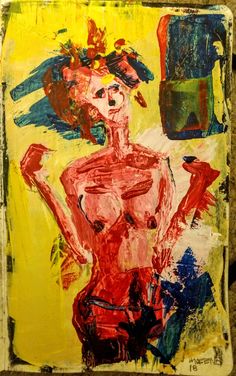 a painting with red and blue paint on it's face, in front of a yellow background