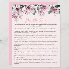 a pink and white floral poem card with the words, dress the den on it