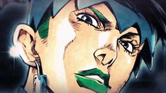 an animated image of a man with green hair and piercings on his face, looking at the camera