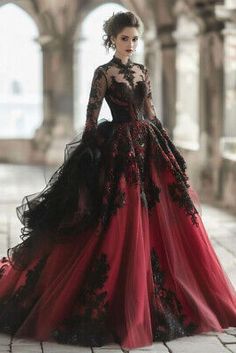 Gothic Style Wedding Dress, Black And Red Wedding Dresses The Bride, Mafia Wedding Dress, Gothic Red Wedding, Dark Wedding Dresses, Black And Red Wedding Dress, Red And Black Wedding Dress, Dark Red Wedding Dress, Vampire Ball Gown