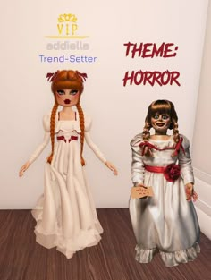 there are two dolls standing next to each other in front of a sign that says theme horror