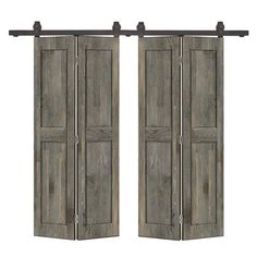 an open wooden door with metal bars on the top and bottom, against a white background