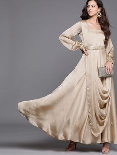 Buy smashing beige solid flared gown with attached dupatta and embroidered belt online at best price. This mind-blowing style kurta goes perfectly for upcoming festive and grand events. Gown With Attached Dupatta, Gown With Dupatta, Embroidered Belt, Gowns Online, Green Satin, Embroidered Silk, Mind Blowing, Green Cotton, Cotton Silk