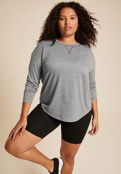 Plus Size 24/7 Clara Long Sleeve Tee - Materials & Care:imported - 82% polyester 13% rayon 5% spandex - machine wash Versatile Everyday Tops With 4-way Stretch, Gray Go-dry Athleisure Top, Sporty Stretch Tops With Shirttail Hem, Casual Stretch Go-dry Tops, Gray Go-dry Crew Neck Top, Gray Crew Neck Go-dry Tops, Gray Stretch Tops For Loungewear, Versatile Moisture-wicking Tops For Everyday, Versatile Moisture-wicking Everyday Tops