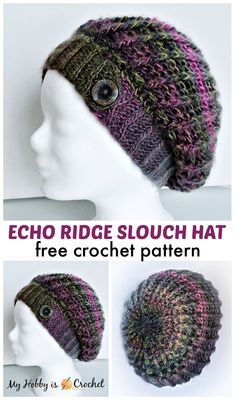 a crocheted hat with buttons on it and the words, echo ridge slouch hat free crochet pattern