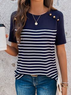 Blue and White Casual Collar Short Sleeve Knitted Fabric Striped  Embellished Medium Stretch  Women Clothing Bohemian Print Dress, Blue And White Striped Shirt, Blue And White Style, Ladies Short, Nautical Fashion, Women T Shirts, Casual Tee, Button Detail, Stripe Print