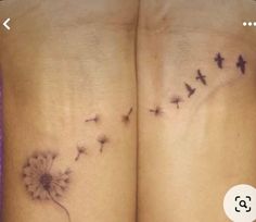 two wrist tattoos with dandelions and birds flying in the air on both sides