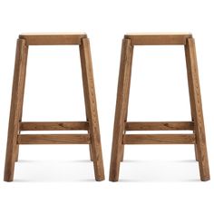 two wooden stools sitting side by side on a white background, one is empty and the other has no legs