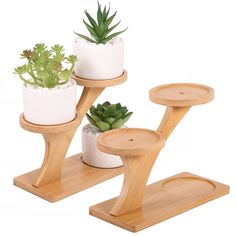 three wooden plant stands with succulents on them