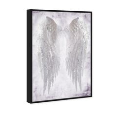 two white angel wings on a gray background canvas wall art print, ready to hang