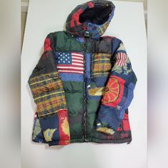 Msrp $396 Multicolor Fall Puffer Jacket For Outdoors, Multicolor Winter Outerwear For Outdoor Activities, Multicolor Winter Outerwear For Outdoor, Red Winter Sport Coat For Outdoor, Red Patchwork Outerwear For Winter, Hooded Red Sport Coat For Winter, Red Hooded Sport Coat For Winter, Designer Red Outerwear For Streetwear, Designer Multicolor Fall Outerwear