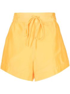 yellow cotton-silk blend wide leg elasticated drawstring waistband above-knee length Summer Cotton Shorts With Functional Drawstring, Cotton Drawstring Shorts For Daywear, Chic Spring Bottoms With Drawstring, High-waisted Drawstring Shorts, Chic Drawstring Bottoms For Spring, Spring Drawstring Shorts, Cotton Beachwear Bottoms With Functional Drawstring, Beachwear Cotton Bottoms With Functional Drawstring, Spring Cotton Bottoms With Functional Drawstring