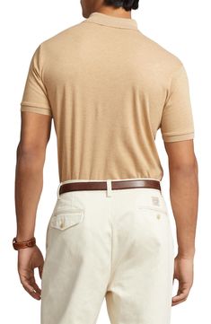 Rider embroidery subtly brands a short-sleeve polo cut from soft, breathable cotton for all-day comfort in classic style. 29" length (size Medium) Spread collar Short sleeves 100% cotton Dry clean or machine wash, tumble dry Imported Classic Brown Polo Shirt With Collared Neckline, Classic Brown Polo Shirt, Classic Beige Polo Shirt, Classic Beige Polo Shirt With Collared Neckline, Classic Beige Collared Polo Shirt, Classic Relaxed Fit Polo Shirt For Golf, Fitted Brown Cotton Polo Shirt, Classic Beige Polo Shirt With Johnny Collar, Beige Casual Polo Shirt With Johnny Collar