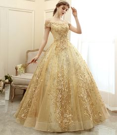 Off The Shoulder Prom Dress, Gold Tulle, Off Shoulder Evening Dress, Gold Prom Dresses, A Line Evening Dress, Evening Party Gowns, Princess Ball Gowns, Designer Evening Dresses, Party Gown