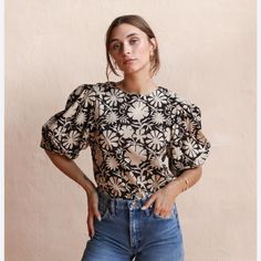 Shop Mille Top In Night Bloom Print, Size Xxs, New With Tag. Bold Puffed Sleeves Constructed In Simple Soft Cotton With Back Zip Black And Cream Block Printed Floral Print Cotton Made In India Floral Print Blouses Indian, Floral Indian Blouses, Puffy Sleeve Floral Top, Floral Embroidered Blouse, Statement Tops Classy, Fitted Black Cotton Puff Sleeve Top, Black Cotton Puff Sleeve Top For Summer, Black Cotton Puff Sleeve Top For Spring, Block Print Top