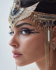 a close up of a woman wearing a head piece with chains and jewels on it