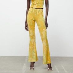 Nwt Zara Firfirli Jakarli Yellow Green Paisley Stretchy Flare Pull On Pants. Size S. Available In Size Small With A 32 Inch Inseam, These Pants Fit True To Size And Are A Must-Have Addition To Any Fashion-Forward Woman's Closet. Yellow Printed Summer Sets, Yellow High-waist Pants For Party, Yellow Flare Bottoms For Summer, Casual Yellow Flare Bottoms, Spring Non-stretch Trousers Set, Casual Yellow Sets For Party, Fitted Gold Sets For Summer, Yellow Wide Leg Summer Sets, Yellow Wide Leg Sets For Summer