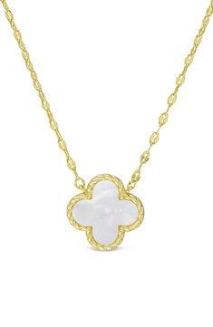 Bring a little luck to their ensembles with this golden necklace anchored by a pendant shaped like a four-leaf clover. Adult supervision strongly recommended; jewelry presents choking hazard and should be removed when infant or small child is unattended 14" length; 2" extender; 1/2"W x 1/2"L pendant Spring-ring closure Goldtone plate/mother-of-pearl Imported Gold Flower Pendant Jewelry With Pearl Charm, Pearl Charm Flower Pendant Necklace For Gift, Pearl Charm Flower Pendant Necklace As Gift, Clover Pendant, Anchor Necklace, Golden Necklace, Four Leaves, Leaf Clover, Four Leaf Clover