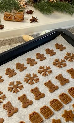 gingerbread cookies are arranged on a baking sheet