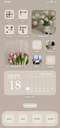 a calendar with flowers on it and the date for each month in white, pink and grey