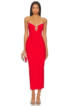 Runaway The Label Bec Midi Dress in Red | REVOLVE Runaway The Label, Embellished Neckline, Preppy Dresses, Dope Outfits, Crepe Fabric, Fancy Dresses, Price Match, The Label, Midi Dress