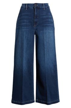 Light fading at the thighs relaxes the dramatic, polished style of stretchy trouser jeans flaunting a high waist and full-length wide legs. 26 1/2" inseam, 23" leg opening; 12" front rise; 16" back rise (size 29) Zip fly with button closure Front slant pockets; back patch pockets 93% cotton, 5% polyester, 2% spandex Machine wash, tumble dry Made in the USA of imported fabric Polished Style, Wide Legs, Trouser Jeans, Full Length, Wide Leg, High Waist, Trousers, Nordstrom, High Waisted