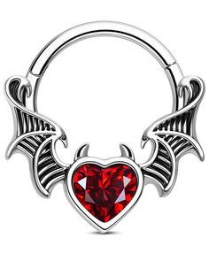 a red heart with wings is attached to a silver nose piercing ring on a white background