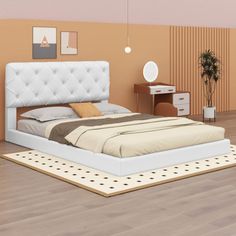 a white bed sitting on top of a wooden floor