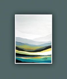 an abstract painting with mountains in the background