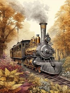 a painting of a steam engine train traveling through the woods with autumn foliage around it