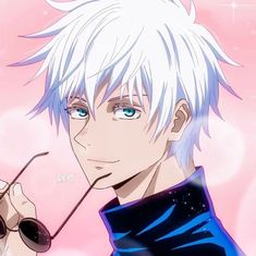 an anime character with white hair and blue eyes