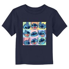 Ohana means family, and family means no tee gets left behind! Find the perfect style for your little one with this officially licensed Toddlers' Disney Lilo & Stitch Facial Expressions Grid Graphic T-Shirt! This fun design features a grid of pastel-colored squares of Stitch's cute face making various silly facial expressions across the front. Celebrate a certain alien, otherwise known as Experiment 626 with new fabulous apparel from the incredible movie! Family Matching Graphic T-shirt For Disney Fan Events, Playful Short Sleeve Top For Fan Merchandise, Blue Pop Culture T-shirt With Character Print, Blue Family Matching T-shirt With Character Print, Pop Culture Blue Short Sleeve Top, Blue Pop Culture Short Sleeve Top, Blue Short Sleeve Pop Culture Tops, Blue Family Matching T-shirt With Cartoon Print, Family Matching Blue T-shirt With Cartoon Print