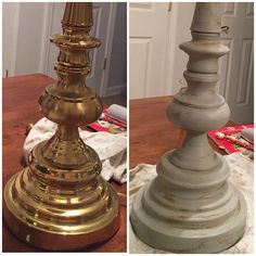 two different views of an old lamp on a table and the same one is turned upside down