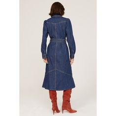 Blue denim (91% Cotton, 8% Polyester, 1% Spandex). Denim Shirt Dress. Long sleeves. Collar. Front button closure. 45.5" from shoulder to hemline. Imported. Fitted Belted Denim Dress For Fall, Fitted Collared Denim Dress With Belt, Fitted Collared Belted Denim Dress, Fitted Long Sleeve Denim Dress For Work, Fitted Medium Wash Belted Denim Dress, Dark Wash Denim Dress For Work With Button Closure, Dark Wash Denim Dress With Button Closure For Work, Fitted Belted Long Sleeve Denim Dress, Fitted Long Sleeve Belted Denim Dress