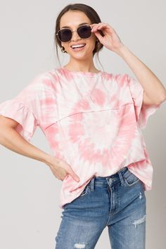 Cotton Ruffle Tops For Loungewear, Cotton Tops With Ruffle Sleeves In Relaxed Fit, Cotton Tops With Ruffle Sleeve And Relaxed Fit, Relaxed Fit Cotton Tops With Ruffle Sleeves, Spring Loungewear Washed T-shirt, Relaxed Fit Cotton Top With Ruffle Sleeves, Casual Ruffle Sleeve T-shirt For Summer, Pink Ruffle Sleeve Tops For Summer, Casual Summer T-shirt With Ruffle Sleeves