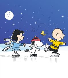 charlie and his friends skating in the snow at night with a butterfly flying above them