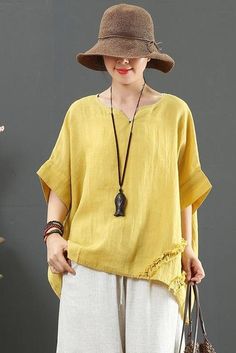 Fabric: Fabric has no stretchSeason: SummerType: BlouseSleeve Length: ShortsleeveColor: Purple .YellowBlouse Length: ShortStyle: CasualMaterial: LinenNeckType: Open neckSilhouette: Loose One Size(Fit S/M/L): S:Bust:146 cm .Waist:152cm .Cuff:39 cm .Length:63-75 cm M:Bust:150 cm .Waist:156 cm .Cuff:40 cm .Length:64-76 cm Summer Stretch Blouse In Solid Color, Cotton Solid Color Blouse For Summer, Cotton Solid Color Summer Blouse, Spring Beach Top In Solid Color, Non-stretch Solid Color Beach Top, Summer Cotton Blouse In Solid Color, Yellow Non-stretch Casual Top, Summer Vacation Blouse With Half Sleeves, Yellow Solid Color Cotton Top