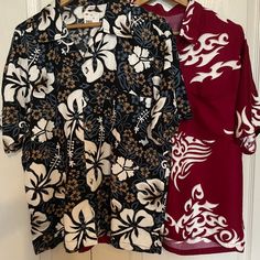 Two Hawaiian Style Short Sleeves Shirts Perfect For Your Upcoming Beach Or Hawaiian Trip! Made In Malaysia. Malaysian Batik Style. Brand New, Never Been Worn. Asian Size M Which Is Equivalent To Us Size S. Red Collared Hawaiian Top, Red Collared Top For Beach, Red Collared Top For The Beach, Hawaiian Collared Printed Tops, Hawaiian Long Sleeve Relaxed Fit Tops, Red Hawaiian Relaxed Fit Top, Hawaiian Style Long Sleeve Relaxed Fit Tops, Fitted Hawaiian Collared Top, Fitted Collared Hawaiian Top