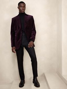 Purple Velvet Blazer Men, All Black Velvet Suit Men, Menswear Wedding Guest, Burgundy Velvet Blazer Mens, Purple Velvet Suit Men, 80s Formal Fashion Men, Men’s Holiday Evening Wear, Creative Cocktail Attire Men, Velvet Outfit Men