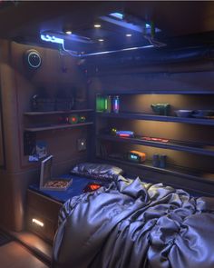 a bedroom with a bed and shelves in the corner, all lit up by blue lights