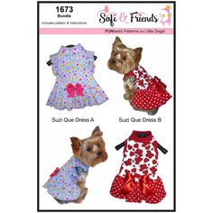 four different styles of dogs in dresses