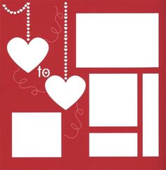 two hearts hanging from the ceiling and some frames with beads around them on a red background