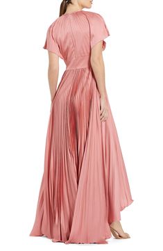 Smooth satin gains texture from the crisp pleats all over this flutter-sleeve gown that has a racy front cutout and a high-low hem. 61" length Back zip closure Jewel neck Short sleeves Lined 100% polyester Spot clean Imported Asian Owned/Founded Evening Maxi Dress With Pleated Bodice And Short Sleeves, Pink Formal Dress With Pleated Waist, Elegant Pleated Evening Dress For Wedding Guest, Evening Accordion Pleated Maxi Dress, Elegant Floor-length Evening Dress With Accordion Pleats, Spring Floor-length Pleated Evening Dress, Spring Evening Floor-length Pleated Dress, Spring Evening Gown With Pleated Bodice, Gala Dresses With Pleated Bodice And Short Sleeves